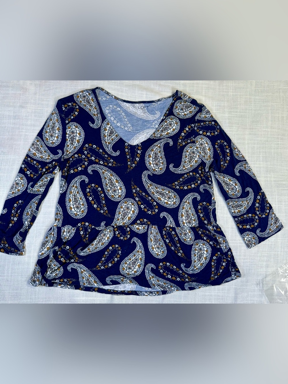 LOFT Navy Paisley V-Neck Peplum Top with Gold Accents